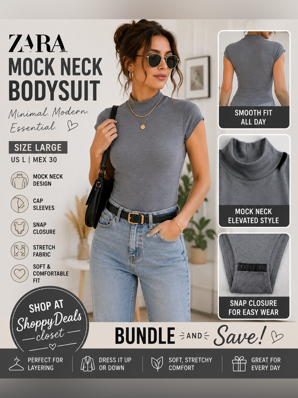 ZARA Gray Mock Neck Bodysuit Size Large